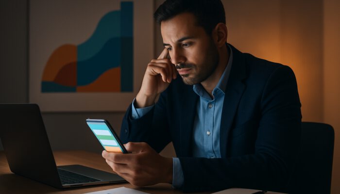 Professional reviewing BNPL balances and payment plans on smartphone with graphs.