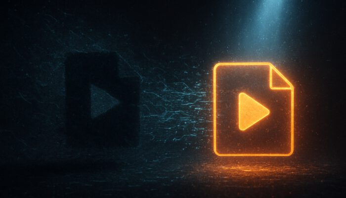 A shadowy video file entangled in chaotic data streams contrasts with a vibrant, tagged counterpart glowing under a search spotlight.