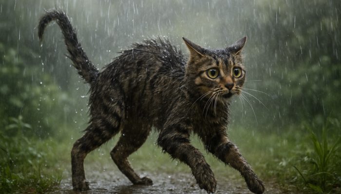 Cats Hate Water: Tabby cat fleeing rainstorm, wide eyes and arched back, water dripping from soaked fur in misty garden.