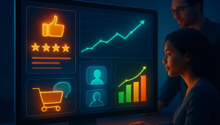 Dynamic e-commerce dashboard showcasing positive reviews, successful A/B tests, diverse shoppers, and increasing conversion charts.
