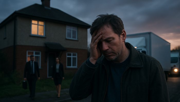 What to Do If You Miss a New Loan Payment: Essential Tips | DCL Distressed UK homeowner outside foreclosed house at dusk, with bank officials and moving trucks arriving.