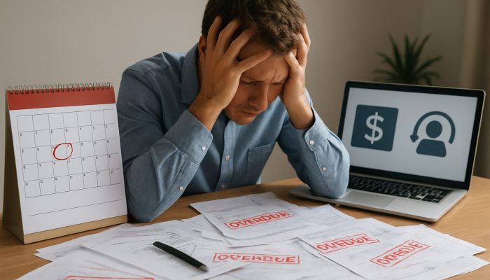 What to Do If You Miss a New Loan Payment: Essential Tips | DCL Stressed person at cluttered desk with overdue bills, red-marked calendar, and laptop showing loan payment advice.