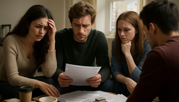 Joint Living Arrangements and Shared Bills: Essential Guide | DCL Stressed co-tenants in a cluttered London flat huddle around unpaid rent bills, one turning away.
