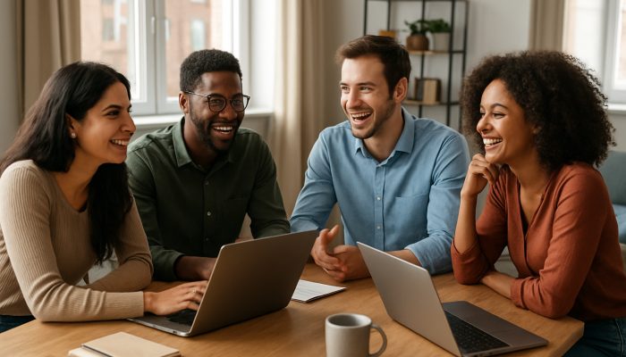 Joint Living Arrangements and Shared Bills: Essential Guide | DCL Diverse young professionals in London flat, reviewing expenses on laptops during a cooperative meeting.