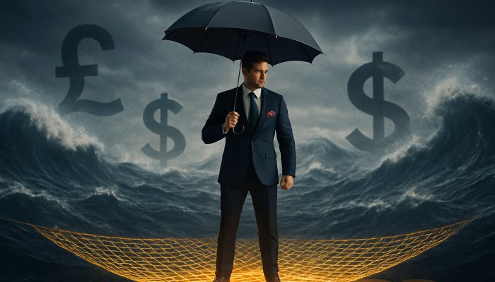 Buffer Savings for Quiet Work Periods: Essential Strategies | DCL UK retail professional on glowing gold coins, shielding from seasonal currency storms.
