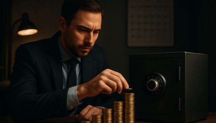 Buffer Savings for Quiet Work Periods: Essential Strategies | DCL Entrepreneur stacking gold coins into vault in dimly lit office, with calendar marking slow months for financial buffer.