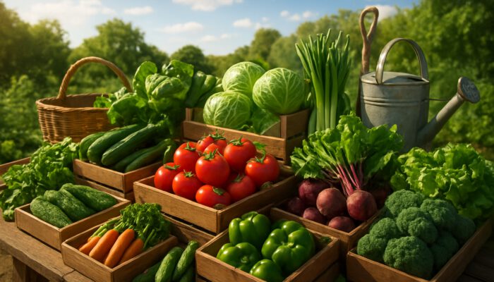Vibrant farmers' market featuring fresh plant-based produce in wooden crates and sustainable tools under a sunny sky.