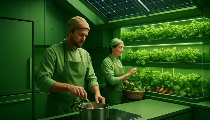Futuristic kitchen in 2025 equipped with solar appliances, hydroponic gardens, and eco-friendly chefs, depicted in green tones.