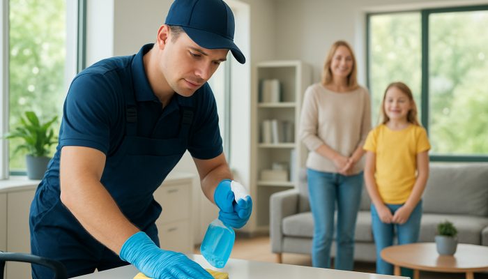 Professional janitor in uniform cleaning an office and home in Queen Camel with satisfied residents.