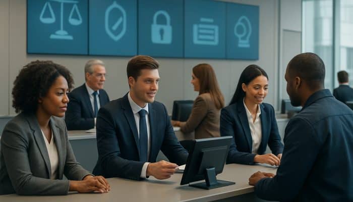 Using Support Teams at Banks and Lenders: Key Strategies | DCL Support Teams at Banks and Lenders: Diverse UK bank support team assisting customers at counters with digital screens and regulatory symbols.