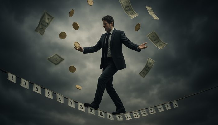 Tightrope walker balancing on calendar dates, juggling coins amid stormy sky, symbolizing financial uncertainty.