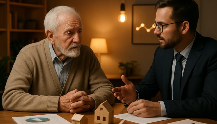 Elderly person consulting financial advisor in cozy office with house models, charts, and light bulbs for equity release advice.
