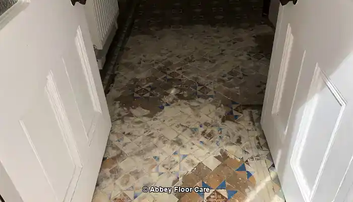 Victorian tiled floor during restoration showing deep cleaning and grout joint repair