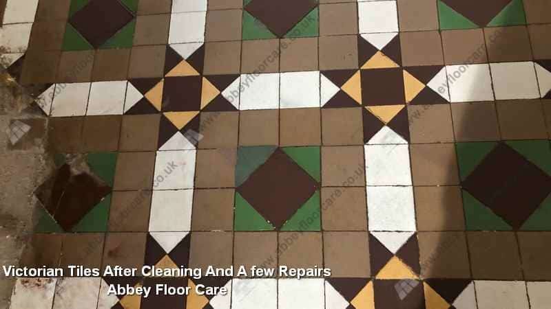 Nottingham Victorian tile hallway after residue removal and early repairs