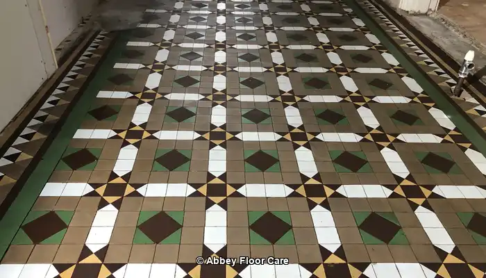 Original Victorian tiled hallway floor with geometric clay tile pattern and period detailing