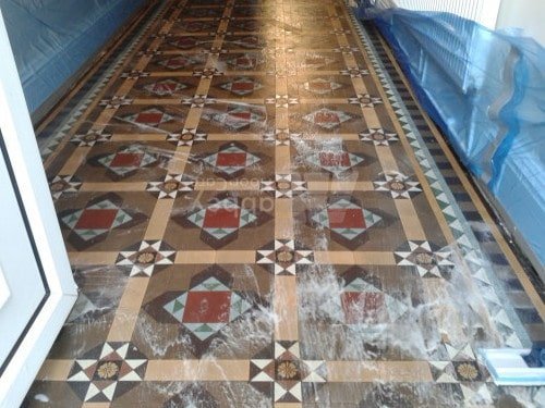 Restored Victorian Minton tile floor in Burton on Trent after cleaning and sealing
