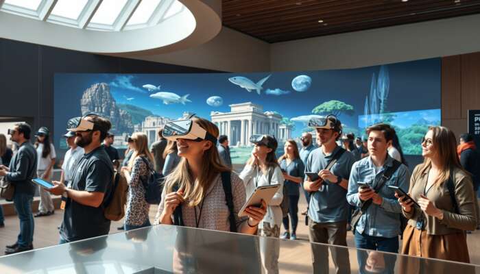 Travelers utilizing digital tools and immersive displays to organize and discover historical and cultural sites