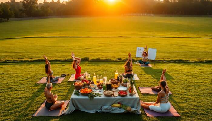 Participants practicing yoga poses on a verdant lawn, surrounded by vibrant whole foods, fresh fruits, and hydration stations at sunrise.