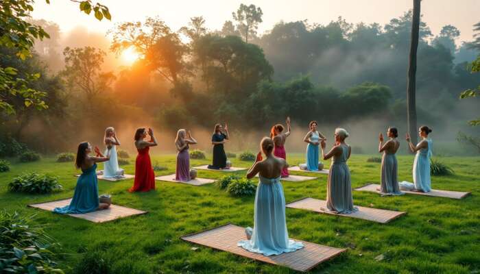 A serene yoga retreat in a misty forest at dawn, with diverse participants in flowing attire practicing poses on mats amid vibrant greenery.