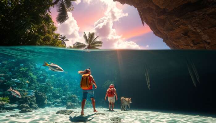 Vibrant Belize scene: snorkeler gliding over colourful reef with fish, hikers spotting jaguars in lush jungle, explorers in ancient stalactite-filled cave.