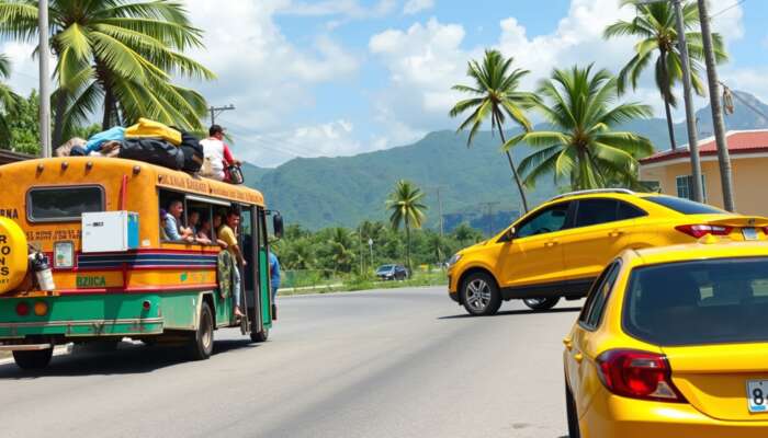 Belize street scene: colourful chicken bus with locals and luggage, yellow taxi, rental car under palm trees, sunny mountains.