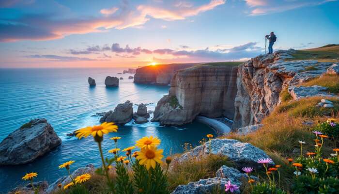 Photographer on coastal cliff at dawn captures vibrant sunrise over turquoise waters, with golden light on wildflowers and rugged rocks, avoiding crowds.