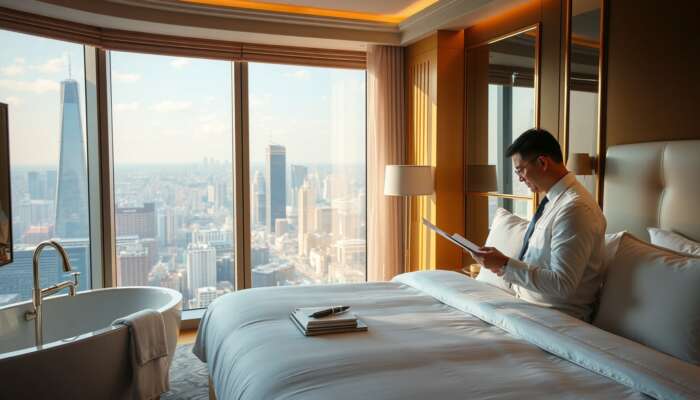 A hotel inspector examines crisp linens and gleaming fixtures in a luxurious five-star suite, holding a checklist with a city view in golden light.