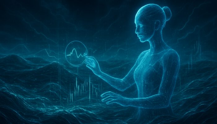 Glowing holographic virtual assistant navigates stormy data charts, stabilizing predictions and anomalies.