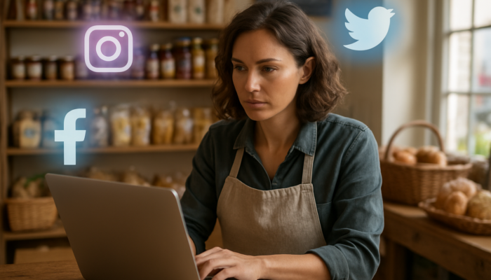 A Blandford small business owner engaging with social media on a laptop, featuring icons for Instagram, Facebook, and Twitter.