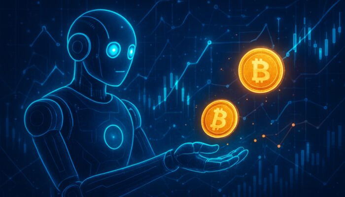 Futuristic crypto trading bot analysing market charts and executing automated trades in a neon-lit network.