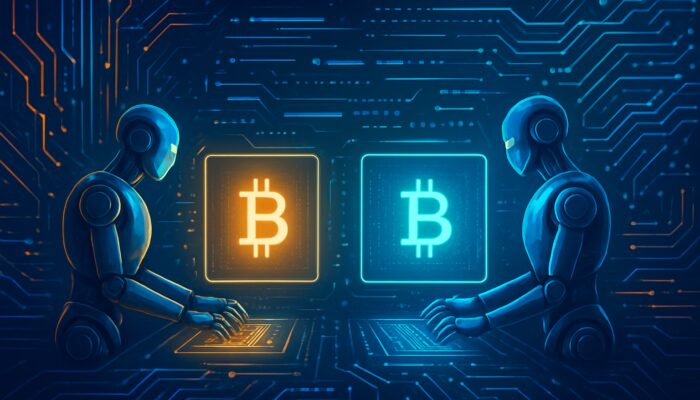 Futuristic trading bots buying Bitcoin at $30,000 and selling at $30,200 on glowing screens.