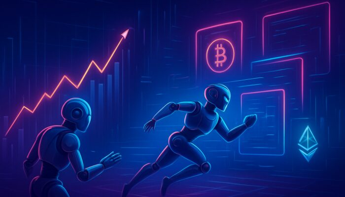 Crypto trading bots analysing price charts for trends and arbitraging exchanges amid neon graphs and symbols.