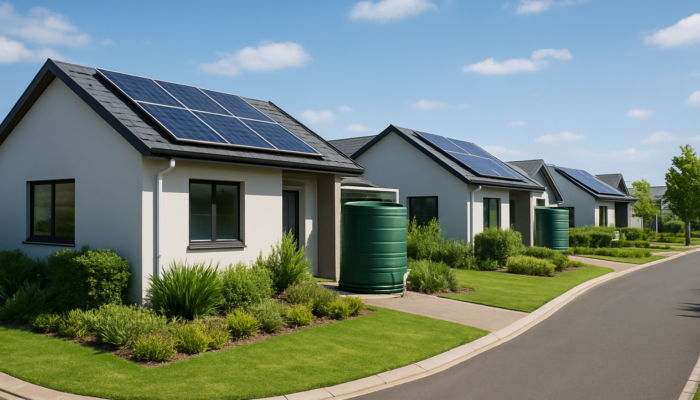 Modern Tembisa housing estate with solar panels, lush gardens, and rainwater systems under clear sky.