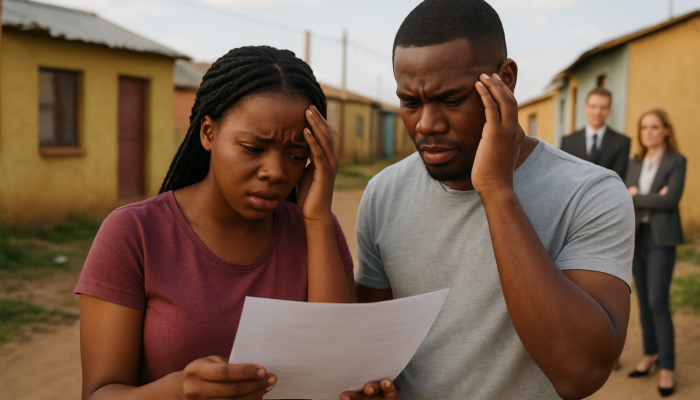 Stressed young couple in Tembisa reviewing mortgage documents, worried as investors outbid them.