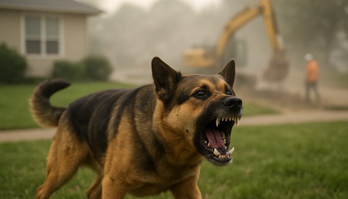 Large dog growling defensively in suburban yard with distant construction workers.
