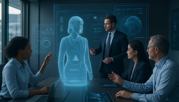 Diverse professionals training holographic virtual assistants in modern logistics room with interactive screens and charts.