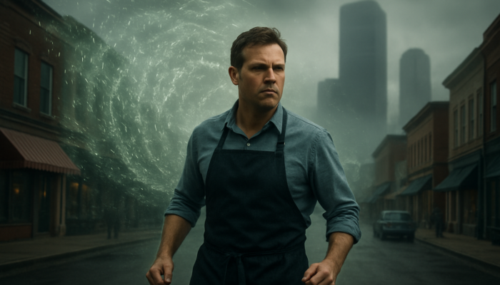 Determined Ilchester business owner battling swirling code storms and looming corporate giants in a bustling street.