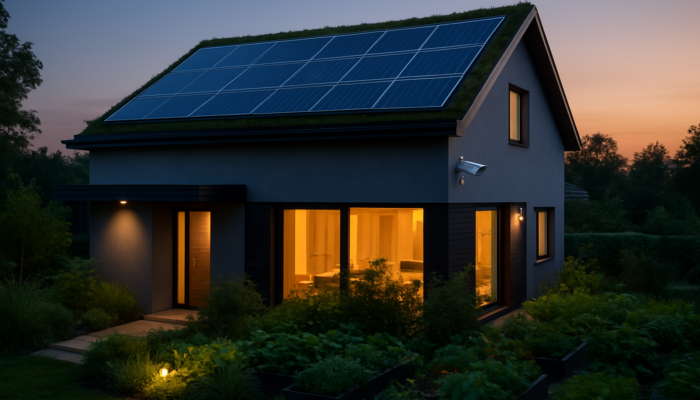 Modern Witbank home at dusk with solar panels, glowing LED lights, security cameras, and eco-gardens.