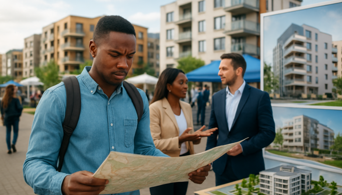 Determined newcomer consulting maps and agents in Witbank's bustling housing market.