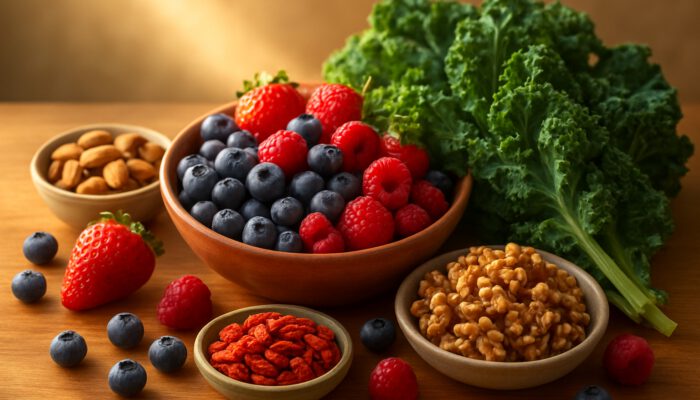 Vibrant superfoods like berries, kale, and nuts arranged on a sunlit table, symbolising health and wellness.