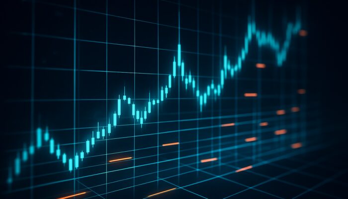 Futuristic crypto chart with grid of buy and sell orders, glowing lines on dark background.