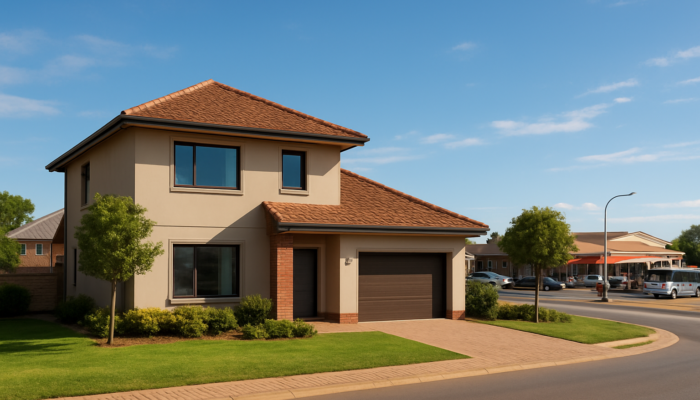 Modern home in Centurion, South Africa, near schools, shopping, and transport under a blue sky.