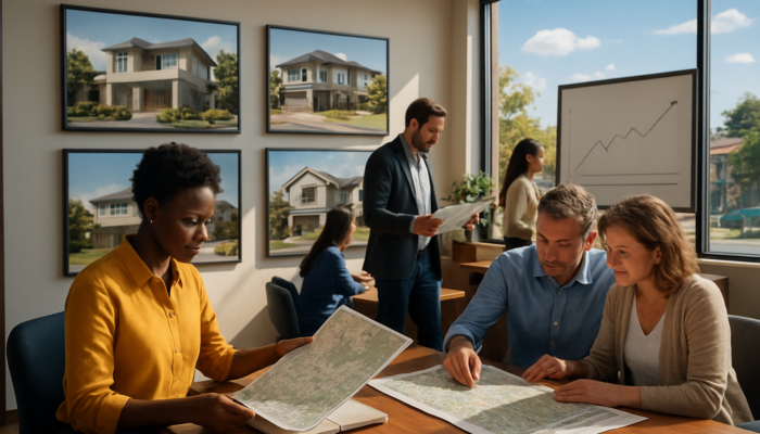 Bustling real estate office in Centurion: Buyers study suburb maps, interest rate graphs, and modern homes under sunny sky.