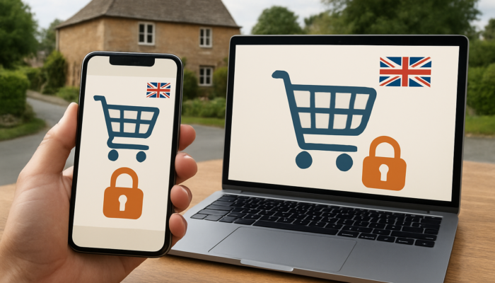 Responsive website for rural UK business, showing secure payments and UK flags.