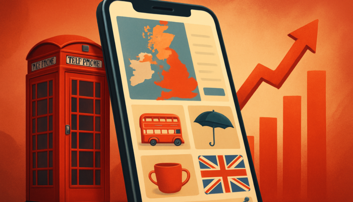 Dynamic illustration of a mobile-friendly UK online store featuring red phone booths and rising SEO graphs.