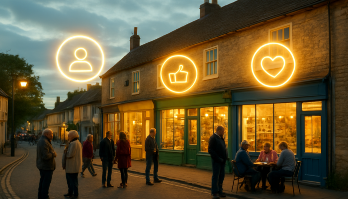 Vibrant Sturminster Newton street with SEO-glowing shops, locals at community events, and floating social media icons.