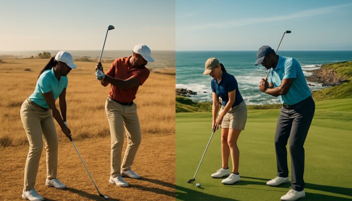 Diverse South African golfers from Pretoria compete on highveld plains and coastal greens, promoting handicap inclusivity.