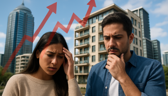 Stressed young couple in Sandton viewing apartment, shadowed by rising interest rate graphs.