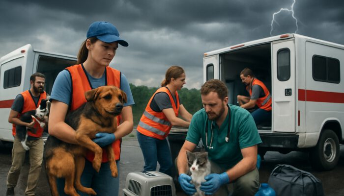 Volunteers loading dogs and cats into rescue vehicles under stormy sky, with supplies and hotlines displayed.