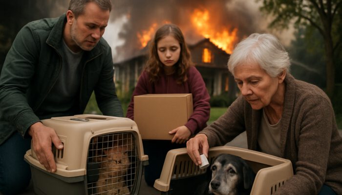Family evacuates with senior dog in carrier, medications packed, and calm cat secured in transport box.